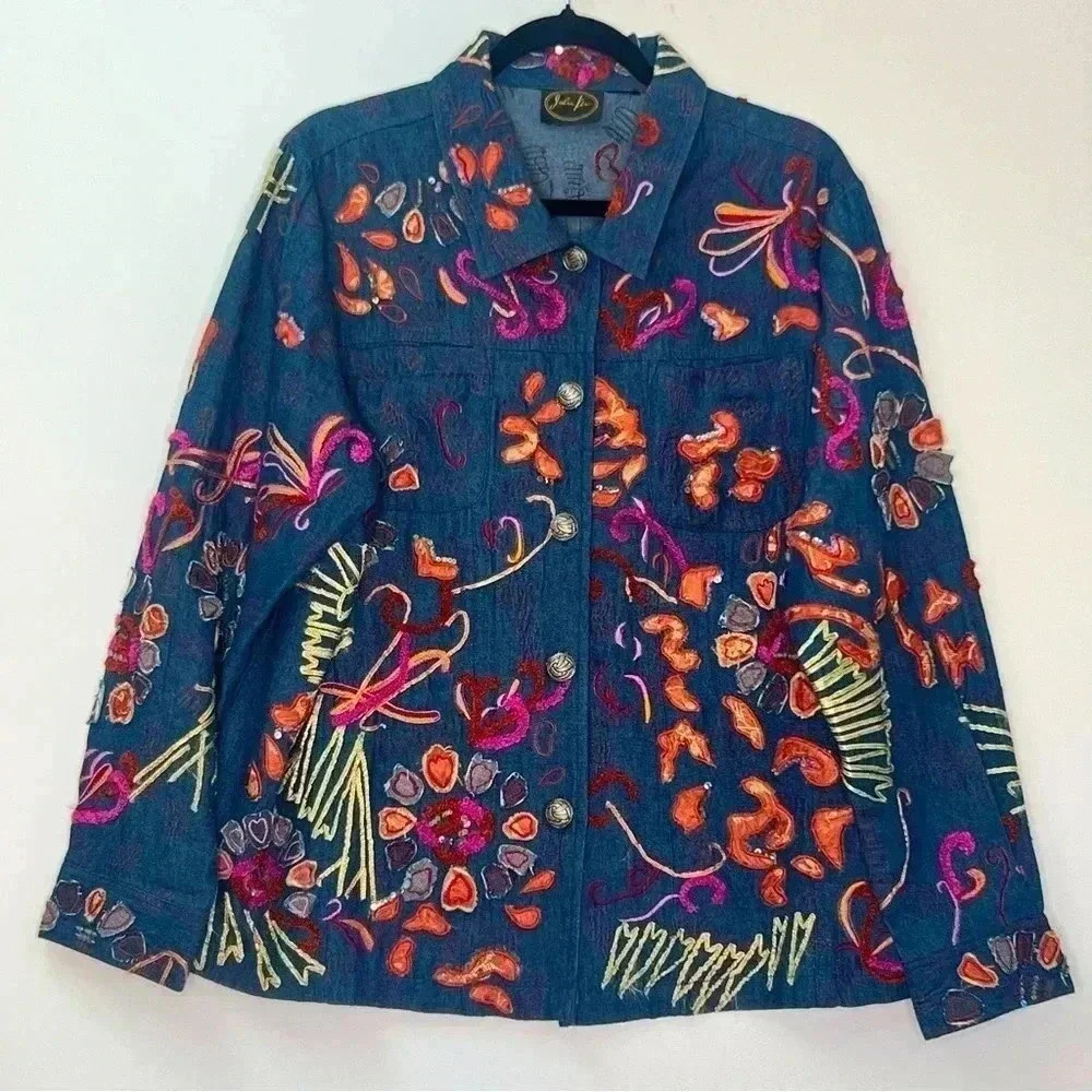 Julia Kim VTG Colorful Chambray Denim Embroidered‎ Sequin Art Deco Jacket Sz XL